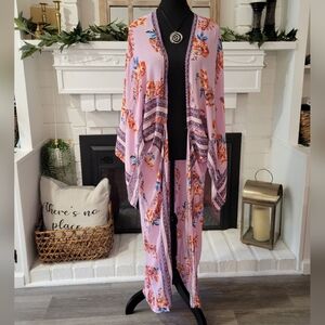 En Creme Festival Lightweight Pink Floral Kimono Duster Cardigan Size Small